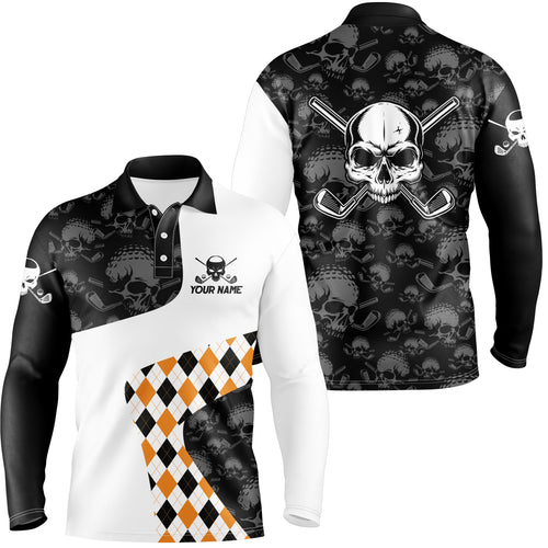Halloween Orange Argyle Pattern Mens Golf Polo Shirt Skull Golf Shirts For Men Crazy Golf Gifts LDT0545