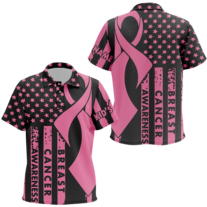 Breast Cancer Awareness American Flag Pink Ribbon Unisex Golf Shirts For Kid Custom Patriotic Golf Tops LDT0262