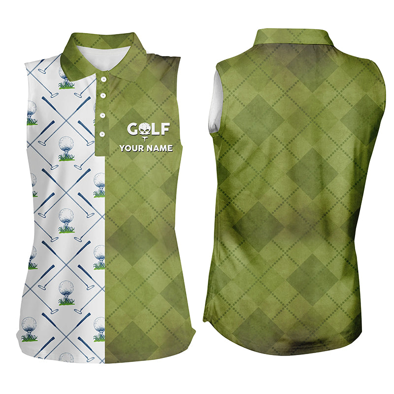 Customized Green And White Sleeveless Golf Polo Shirt Golf Club Argyle Skull Golf Shirts For Women LDT0266