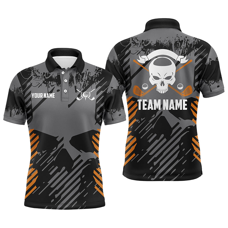 Grey Grunge Orange Skull Mens Golf Polo Shirts Custom Golf Shirts For Men Scary Golf Gifts LDT0379