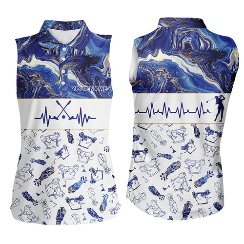 Blue Seamless Womens Sleeveless Golf Polo Shirt Custom Name Heartbeat Golf Tops For Women, Golf Gifts LDT0155