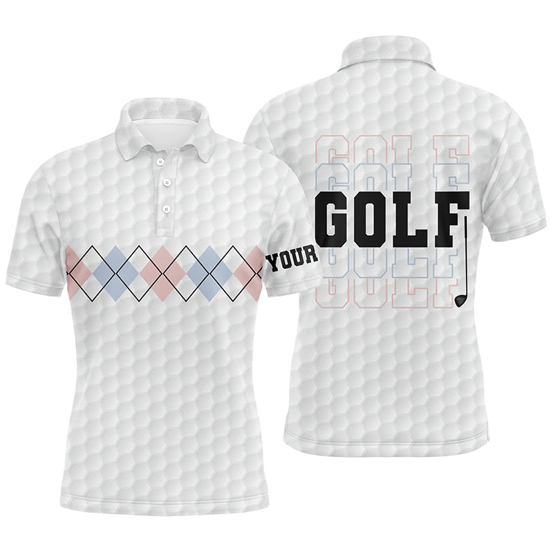 Pink Blue Argyle Pattern Mens Golf Polo Shirts Custom Cool White Golf Shirts For Men Golf Gifts LDT0950