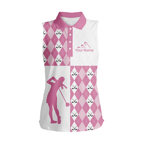 Athleisure Pink Argyle Pattern Custom Name Women Sleeveless Polo Shirt, Pink Golf Shirt For Ladies LDT0009