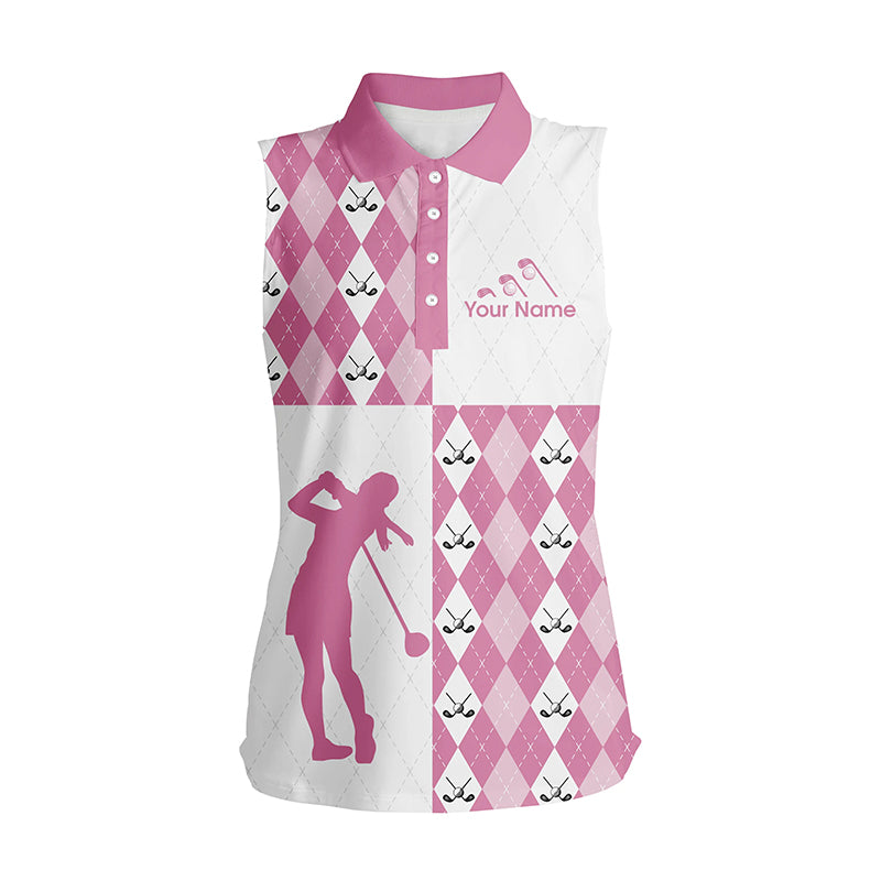 Athleisure Pink Argyle Pattern Custom Name Women Sleeveless Polo Shirt, Pink Golf Shirt For Ladies LDT0009
