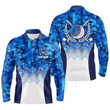 Load image into Gallery viewer, Mens Blue Geometric Golf Polo Shirts Custom Triangle Pattern Golf Shirts For Men, Cool Golf Gifts LDT0187