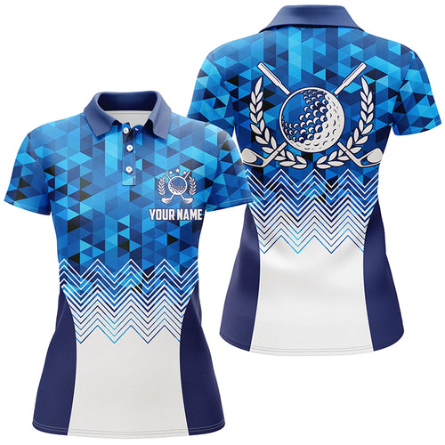 Womens Blue Geometric Golf Polos Custom Triangle Pattern Golf Shirts For Women Cool Golf Gift LDT0187