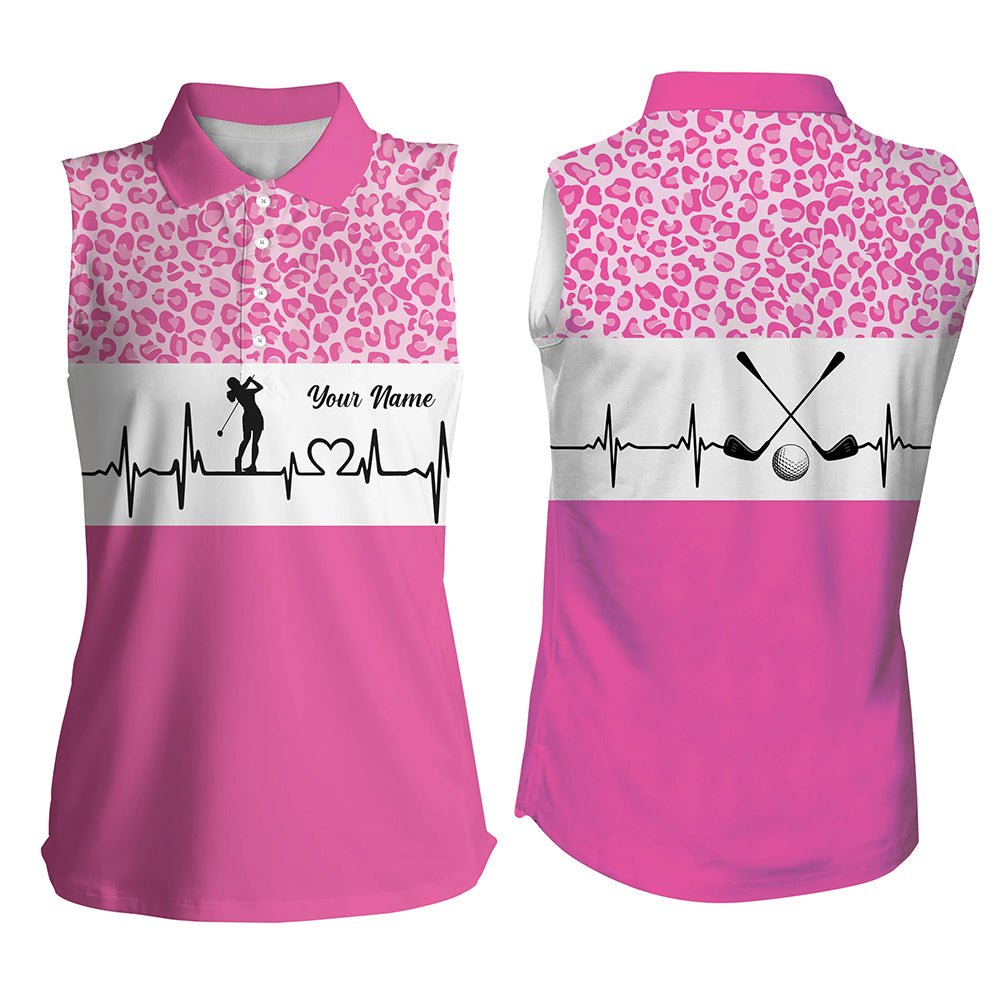 Pink Leopard Pattern Golf Girl Sleeveless Heartbeat Women Polo Shirt, Best Pink Golf Shirt For Ladies LDT0004