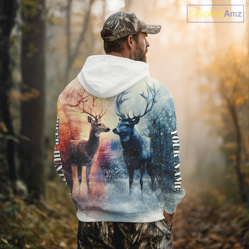 Deer Hunting in snow American Flag Long Sleeve, Hoodie Shirt NHT02