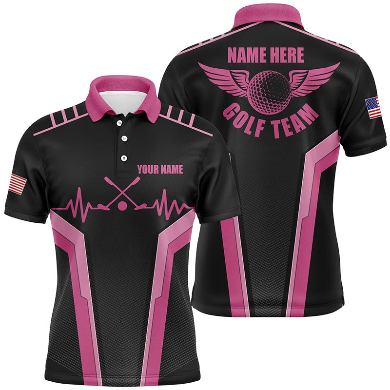 Customized Mens Golf Polo Shirts, Heartbeat Black And Pink Polo Shirts For Mens, Golfer Gifts LDT0026