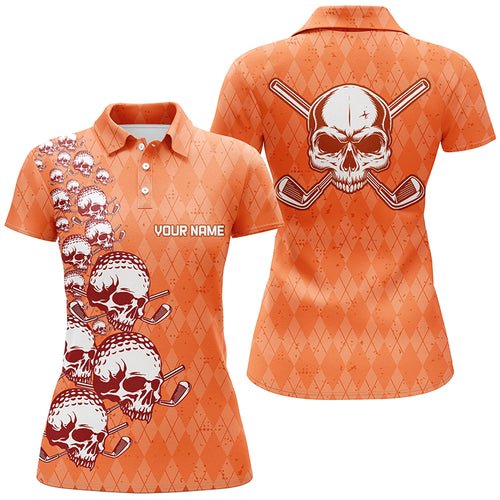 Elegant Orange Argyle Pattern Skull Golf Polo Shirts Custom Halloween Golf Gifts For Women LDT0439