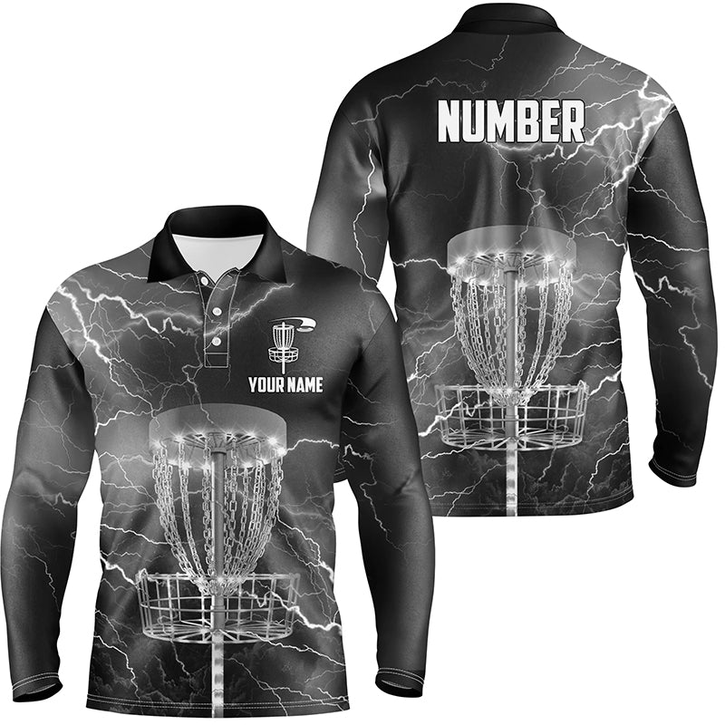 Thunder Lightning Black Grey Mens Disc Golf Polo Shirts Customized Disc Golf Shirts For Men LDT0486