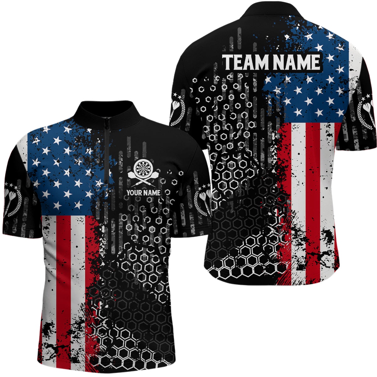 American Flag Hive Pattern Darts Quarter Zip Shirt Custom Patriotic Darts Jersey For Men LDT1464