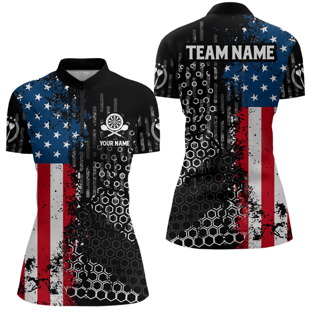 American Flag Hive Pattern Darts Quarter Zip Shirt Custom Patriotic Darts Jersey For Women LDT1464