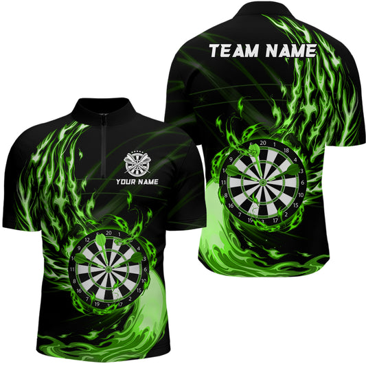 Green Fire Dartboard Mens Darts Quarter Zip Shirt Custom Darts Shirt For Men Dart Jerseys LDT1473