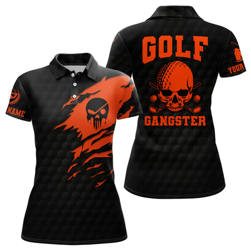 Golf Gangster Skull Polo Shirt Custom Black Orange Golf Pattern Scary Golf Shirts For Women LDT0374