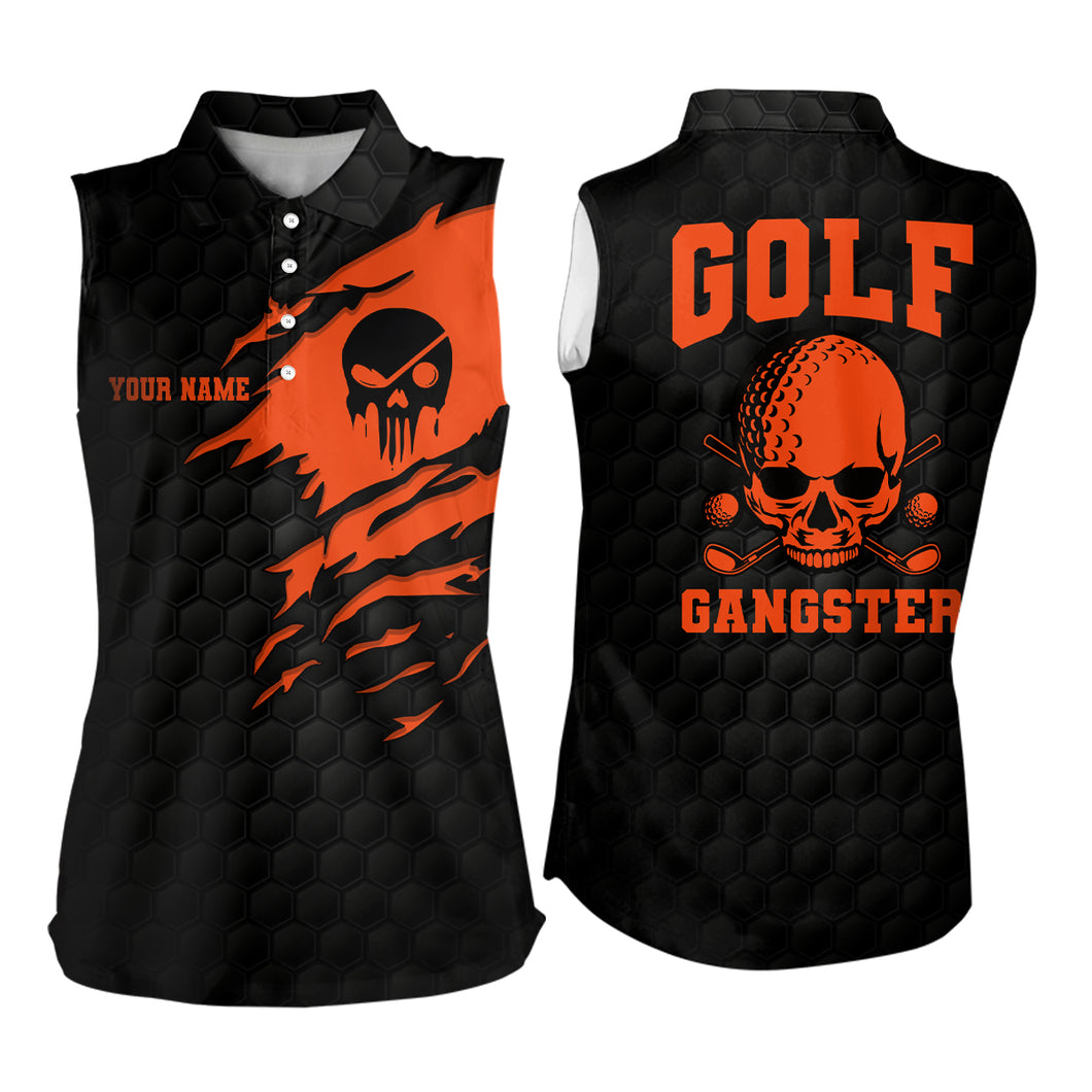 Golf Gangster Skull Sleeveless Polo Shirt Custom Black Orange Golf Pattern Scary Golf Shirt For Women LDT0374