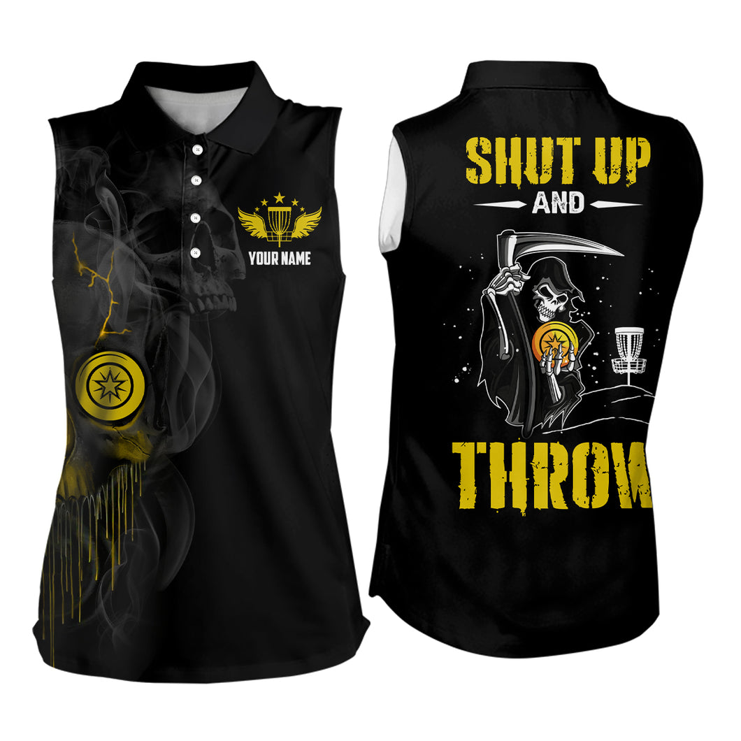 Custom Shut Up And Throw Smoky Skull Yellow Disc Golf Sleeveless Polo Shirt Scary Golf Gift For Women LDT0451