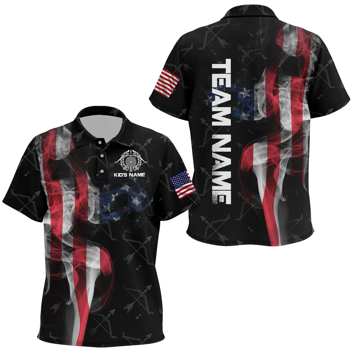 Personalized Vintage Smoke US Flag Archery Polo Shirts For Kids, Archery Bows Pattern Jerseys VHM0795