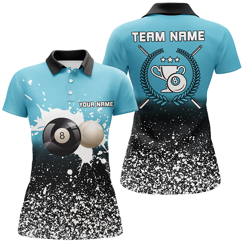 Personalized Blue White Paint Splash 8 Ball Billiard 3D Polo Shirts For Women, Billiards Jerseys VHM0460