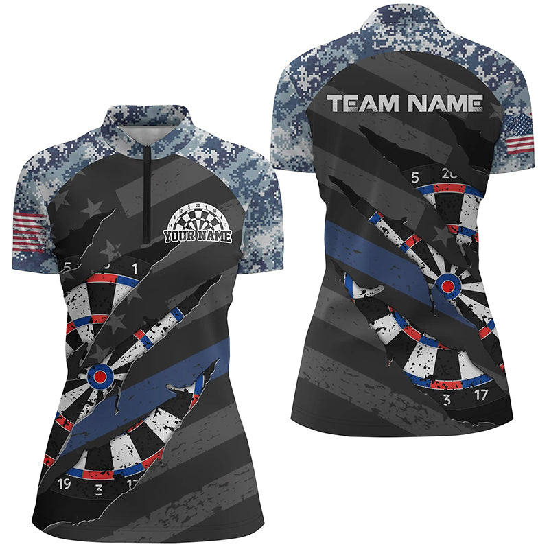 Personalized Retro Camo Blue Dart 3D Quarter-Zip Shirts For Women, American Flag Womens Dart Jerseys VHM1105