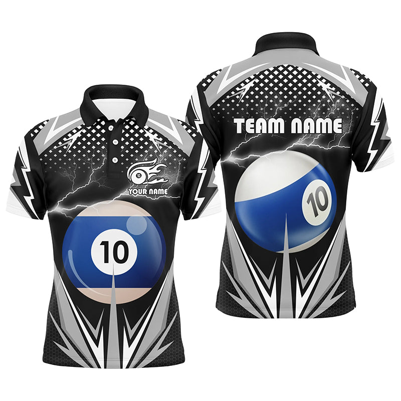 Personalized Thunder Black 10 Ball Billiard 3D Polo Shirts For Men, 10 Ball Billiard Team Jerseys VHM0966