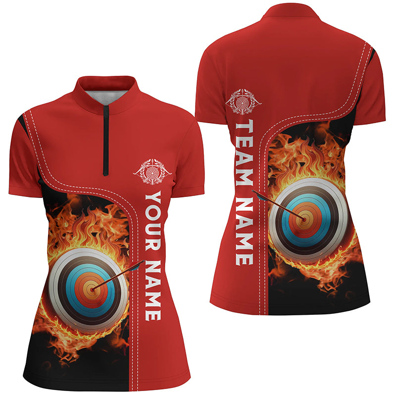 Personalized Black Red Flaming Target Archery 3D Quarter-Zip Shirts For Women, Archery Team Jerseys VHM0985
