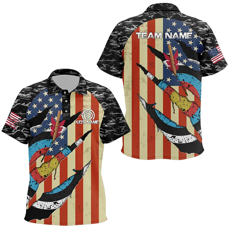 Personalized Retro Camo Target Archery 3D Polo Shirts For Kids, Custom US Flag Archery Jerseys VHM0594