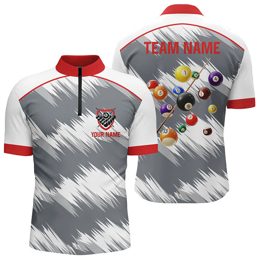 Personalized Red Grey Billiard Balls 3D Quarter-Zip Shirts For Men, 8 Ball Billiard Team Jerseys VHM1016