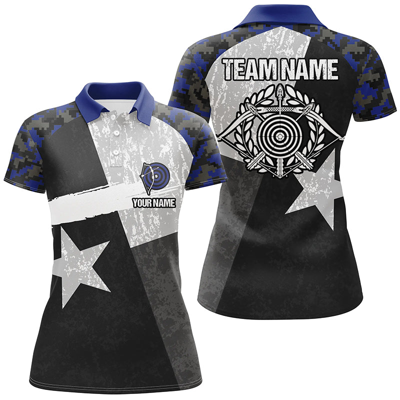 Personalized Blue Retro Texas Flag Archery Polo Shirts For Women, Custom 3D Targets Archery Jerseys VHM0692