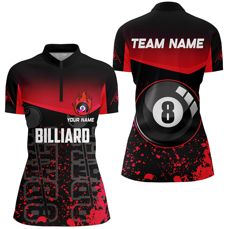Personalized Red Fire 8 Ball Pool Billiard Quarter-Zip Shirts For Women, 8 Ball Billiard Team Shirts VHM0702