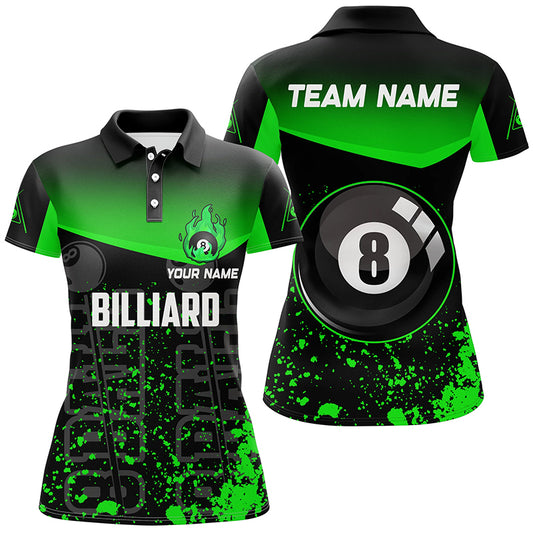 Personalized Green Fire 8 Ball Pool Billiard Polo Shirts For Women, 8 Ball Billiard Team Shirts VHM0704