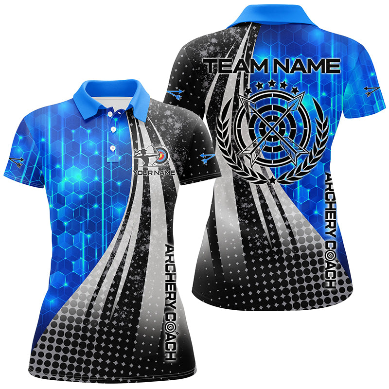 Personalized Blue Black Archery Coach 3D Polo Shirts For Women, Custom Target Archery Team Shirts VHM0708
