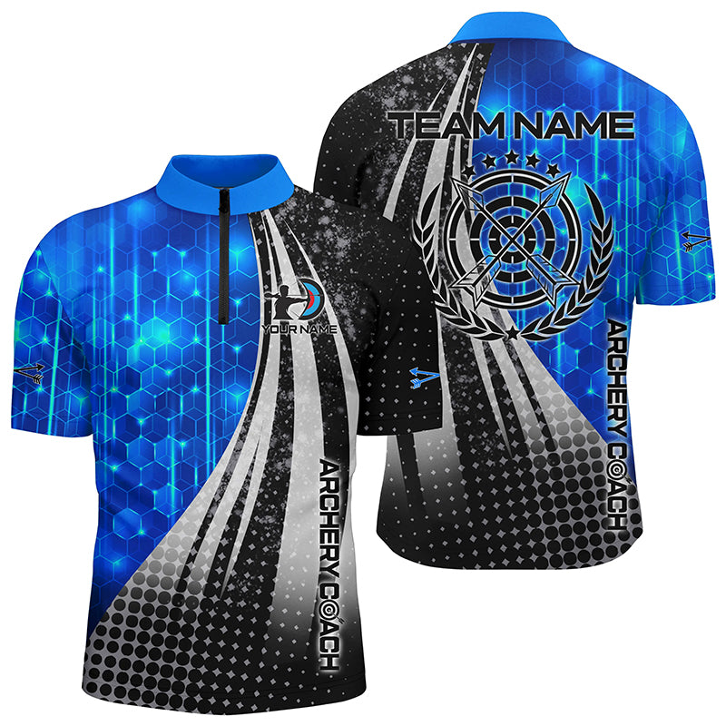 Personalized Blue Black Archery Coach 3D Quarter-Zip Shirts For Men, Custom Target Archery Shirts VHM0708