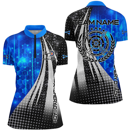 Personalized Blue Black Archery Coach 3D Quarter-Zip Shirts For Women, Custom Target Archery Shirts VHM0708