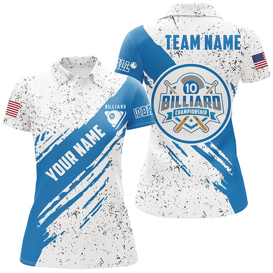 Personalized US Flag 10 Ball Billiard Polo Shirts For Women, Blue Black Grunge 10 Ball Pool Jerseys VHM0957