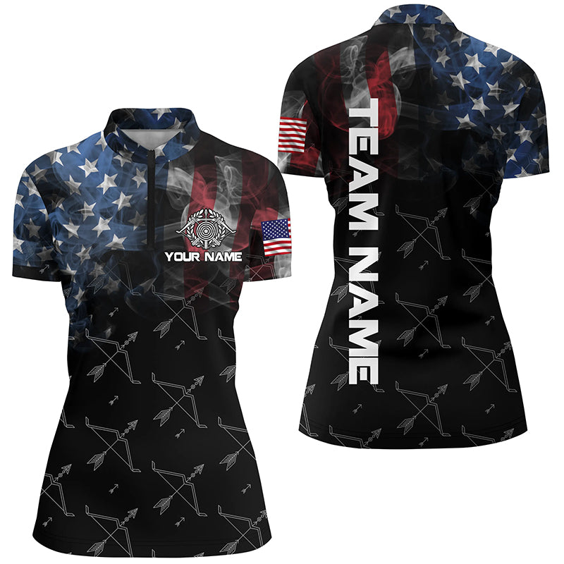 Personalized Vintage Smoke US Flag Archery 3D Quarter-Zip Shirts For Women, Archery Bows Jerseys VHM0979
