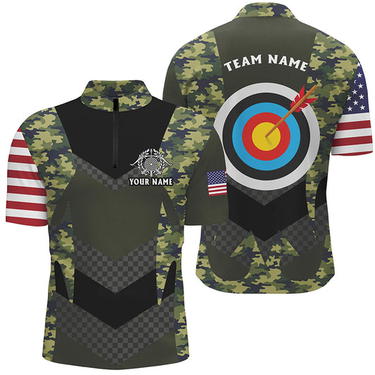 Personalized US Flag Camouflage Target Archery 3D Quarter-Zip Shirts For Men, Archery Team Jerseys VHM1059