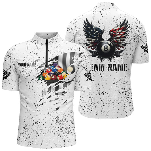Personalized US Flag Billiard Balls 3D Quarter-Zip Shirts For Men, White 8 Ball Pool Wings Jerseys VHM1005