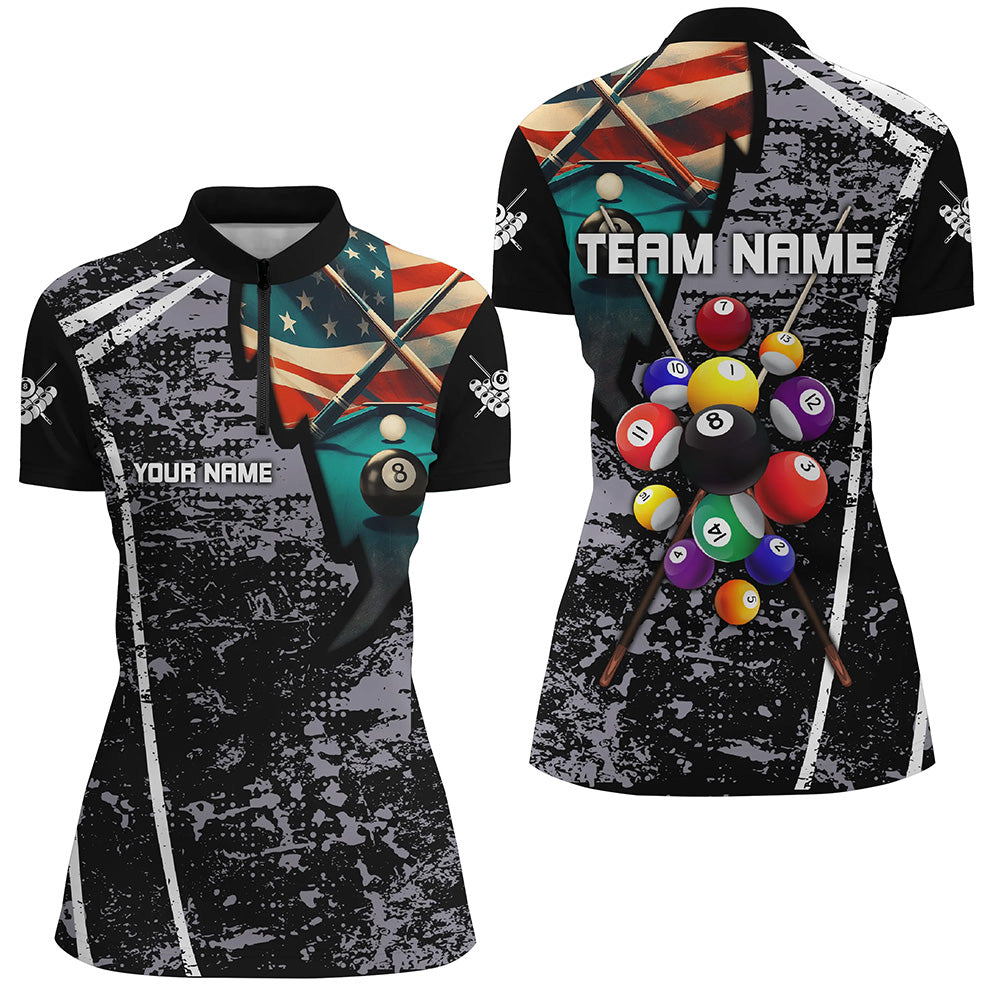 Personalized Grey Grunge US Flag 8 Ball Billiard Quarter-Zip Shirts For Women, Billiard Balls Jerseys VHM0953