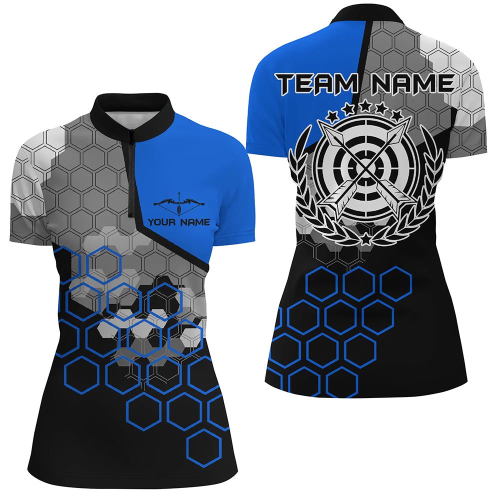 Personalized Blue Black 3D Target Archery Quarter-Zip Shirts For Women, Bow And Arrow Archery Jerseys VHM0568