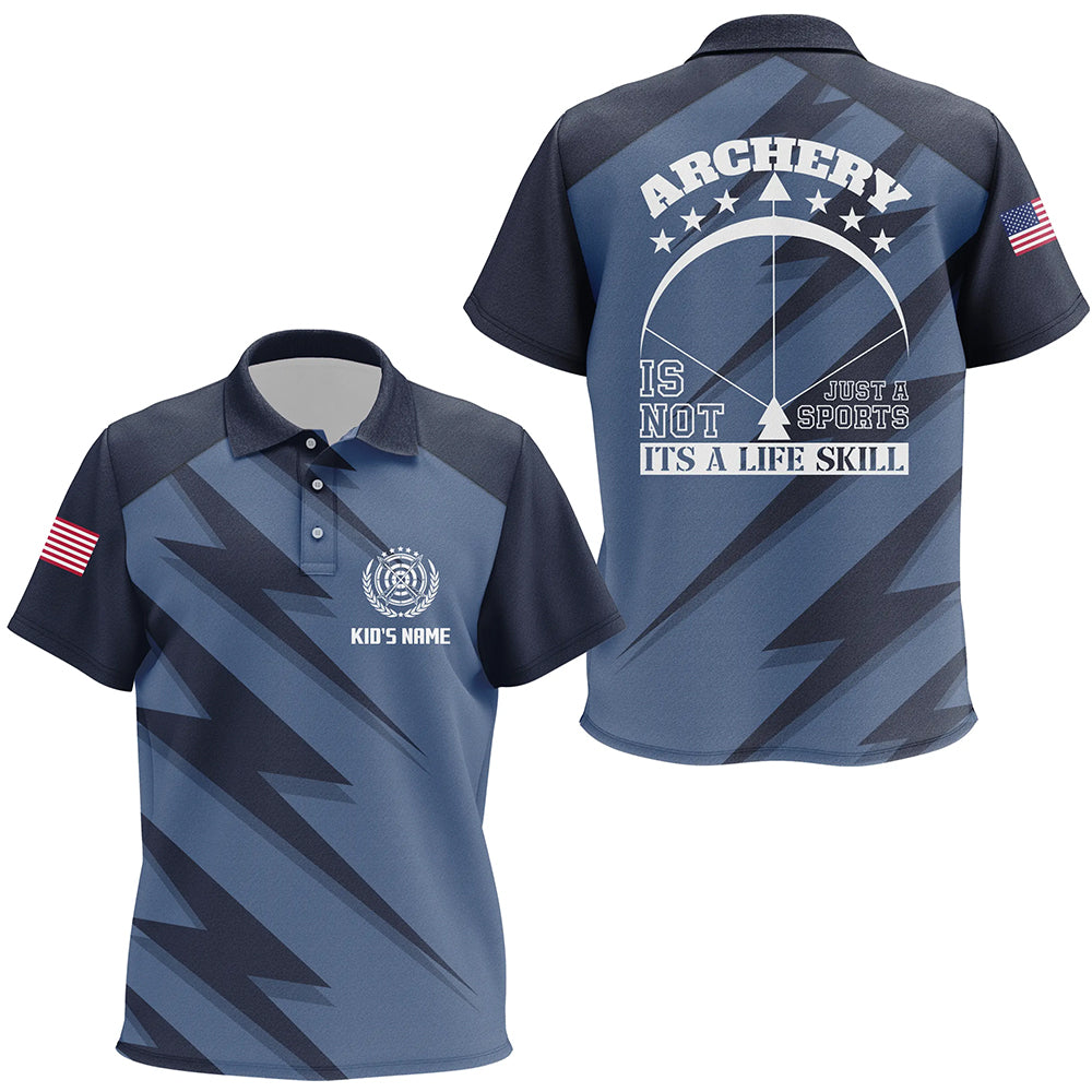 Personalized Its A Life Skill Archery Polo Shirts For Kids, Custom Blue US Flag Archery Shirts VHM0767