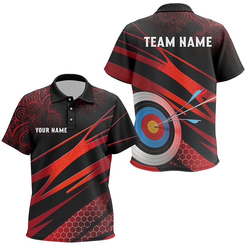 Personalized Red Black 3D Target Archery Polo Shirts For Kids, Custom Tribal Pattern Archery Shirts VHM0678