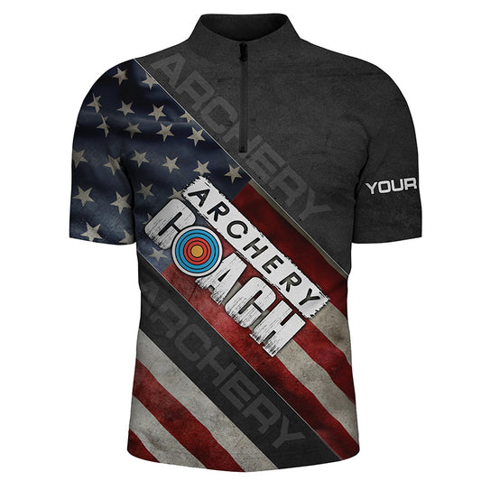 Personalized Retro American Flag Archery Coach Quarter-Zip Shirts For Men, 3D Target Archery Shirts VHM0822