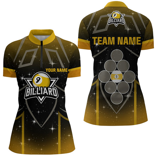 Personalized 9 Ball Pool Yellow Black Billiard 3D Quarter-Zip Shirts For Women, 9 Ball Pool Jerseys VHM0497