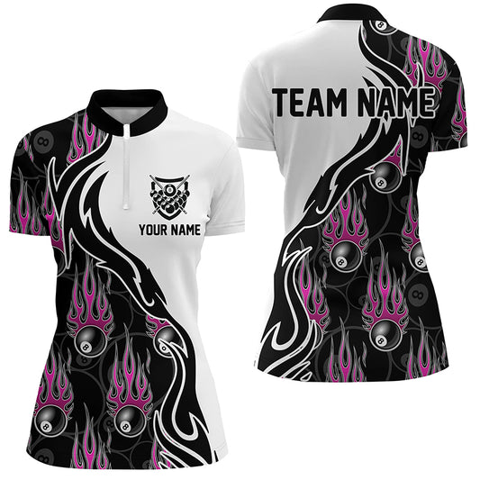 Personalized Billiard 8 Ball Flaming Pattern Pink Quarter-Zip Shirts For Women, Billiard Team Jerseys VHM0528