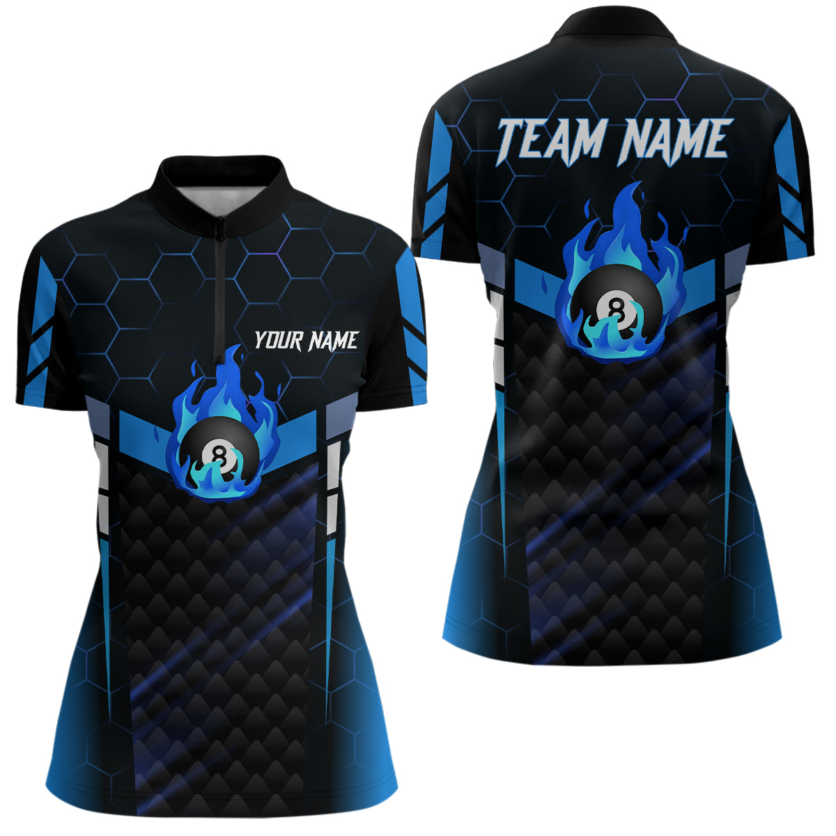 Personalized Blue Fire 8 Ball Billiard 3D Quarter-Zip Shirts For Women, 8 Ball Pool Team Jerseys VHM1017