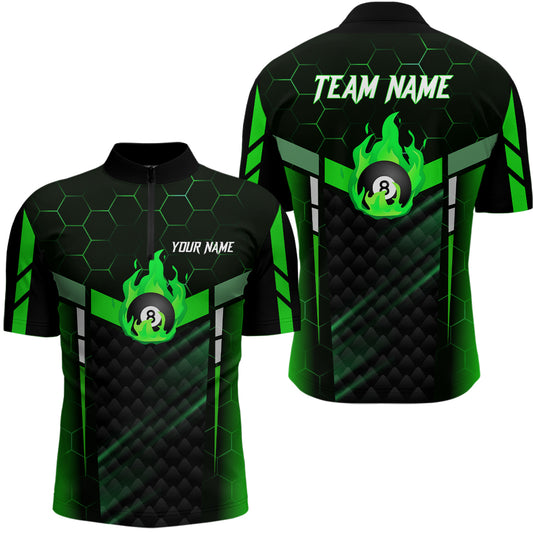Personalized Green Fire 8 Ball Billiard 3D Quarter-Zip Shirts For Men, 8 Ball Pool Team Jerseys VHM1019