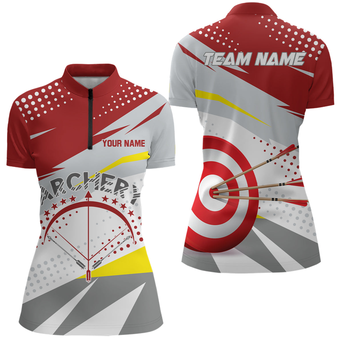 Personalized Grey Red 3D Target Archery Quarter-Zip Shirts For Women, Custom Bow Archery Team Shirts VHM0789