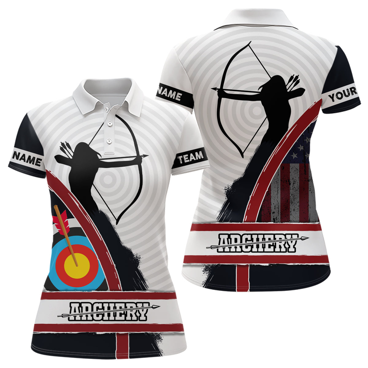 Personalized American Flag Silhouette Archery Polo Shirts For Women, Custom 3D Target Archery Shirts VHM0648