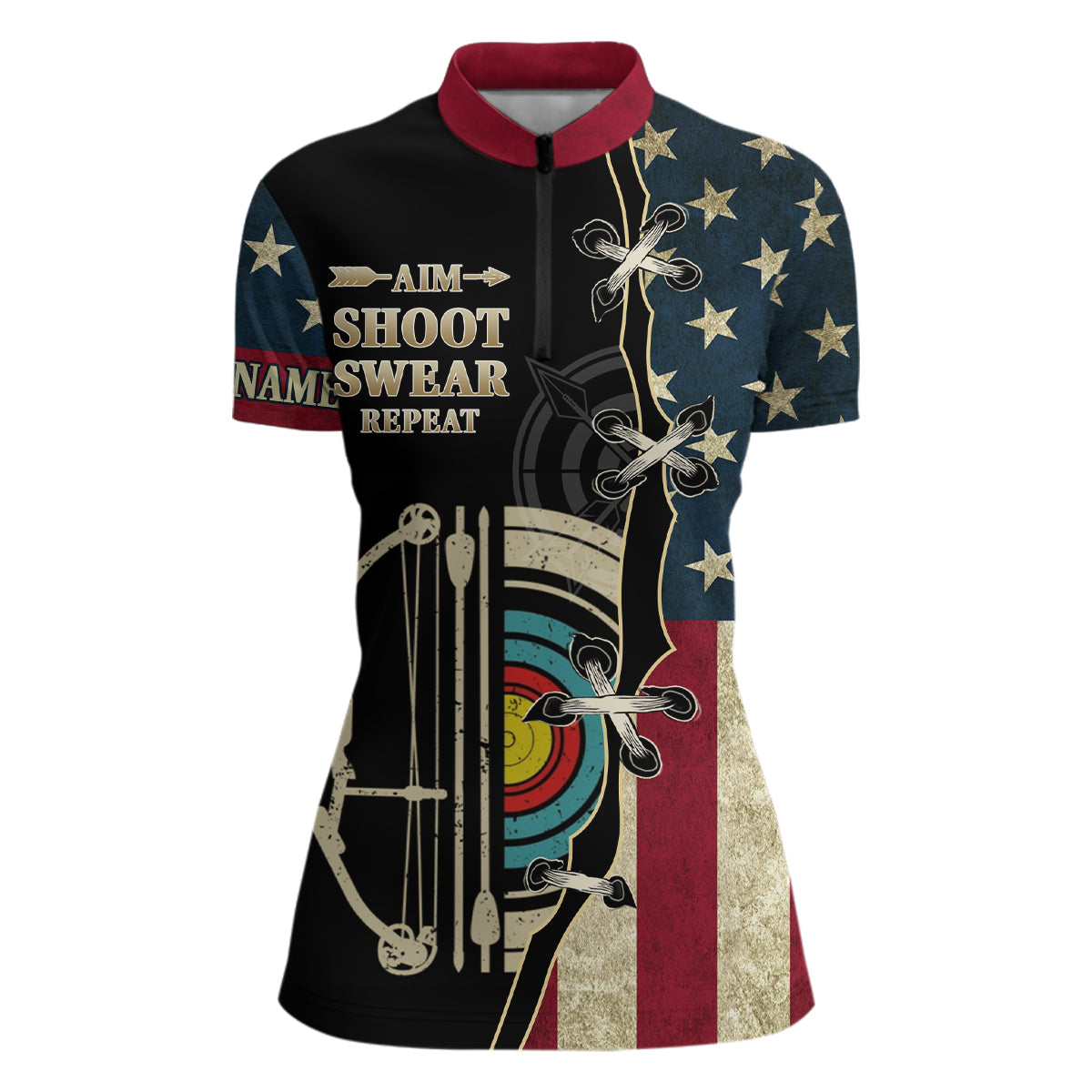 Personalized Aim Shoot Swear Repeat US Flag Archery Quarter-Zip Shirts For Women Target Archery Shirt VHM0660
